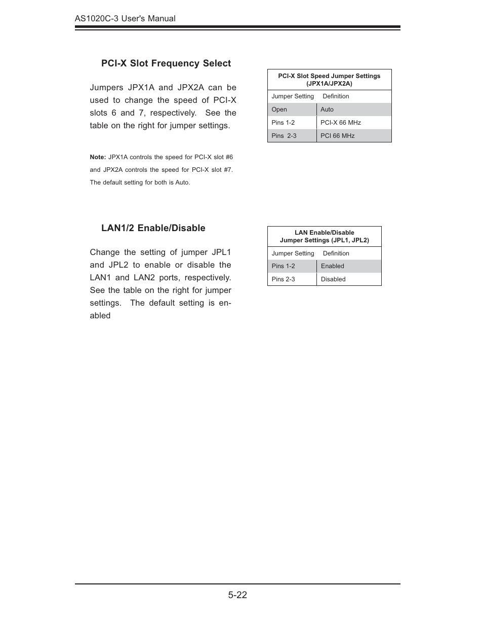 Pci-x slot frequency select, Lan1/2 enable/disable | SUPER MICRO Computer Dual Processor AS 1020C-3 User Manual | Page 56 / 106