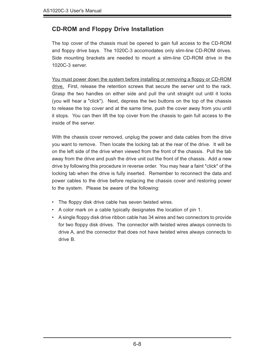 Cd-rom and floppy drive installation | SUPER MICRO Computer Dual Processor AS 1020C-3 User Manual | Page 72 / 106