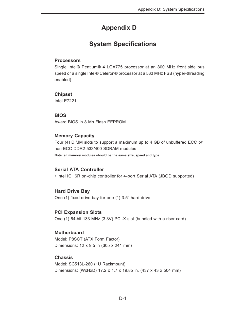 Appendix d system speciﬁ cations | SUPER MICRO Computer 5014C-MF User Manual | Page 109 / 112