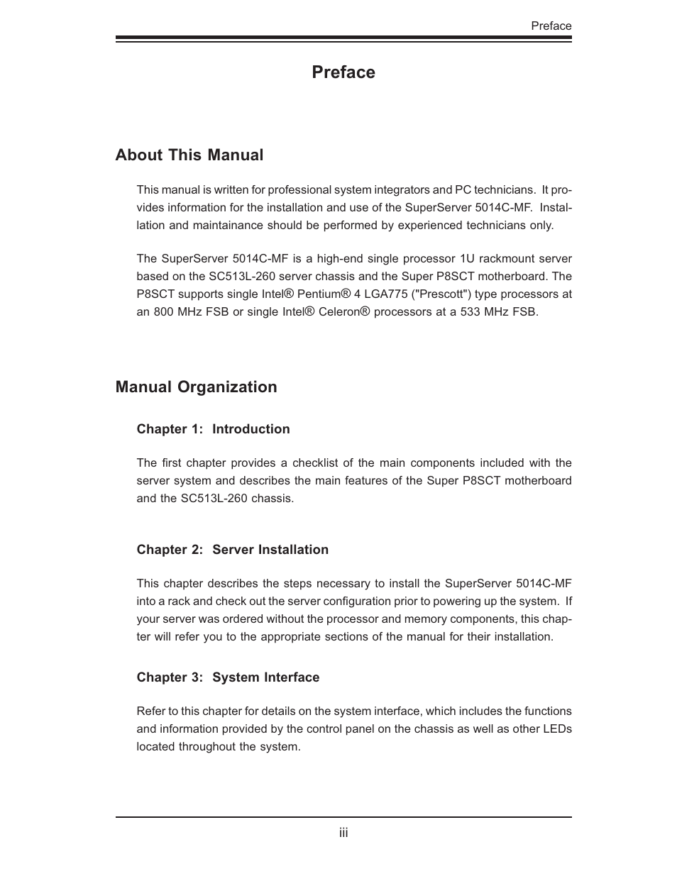 Preface, About this manual, Manual organization | SUPER MICRO Computer 5014C-MF User Manual | Page 3 / 112