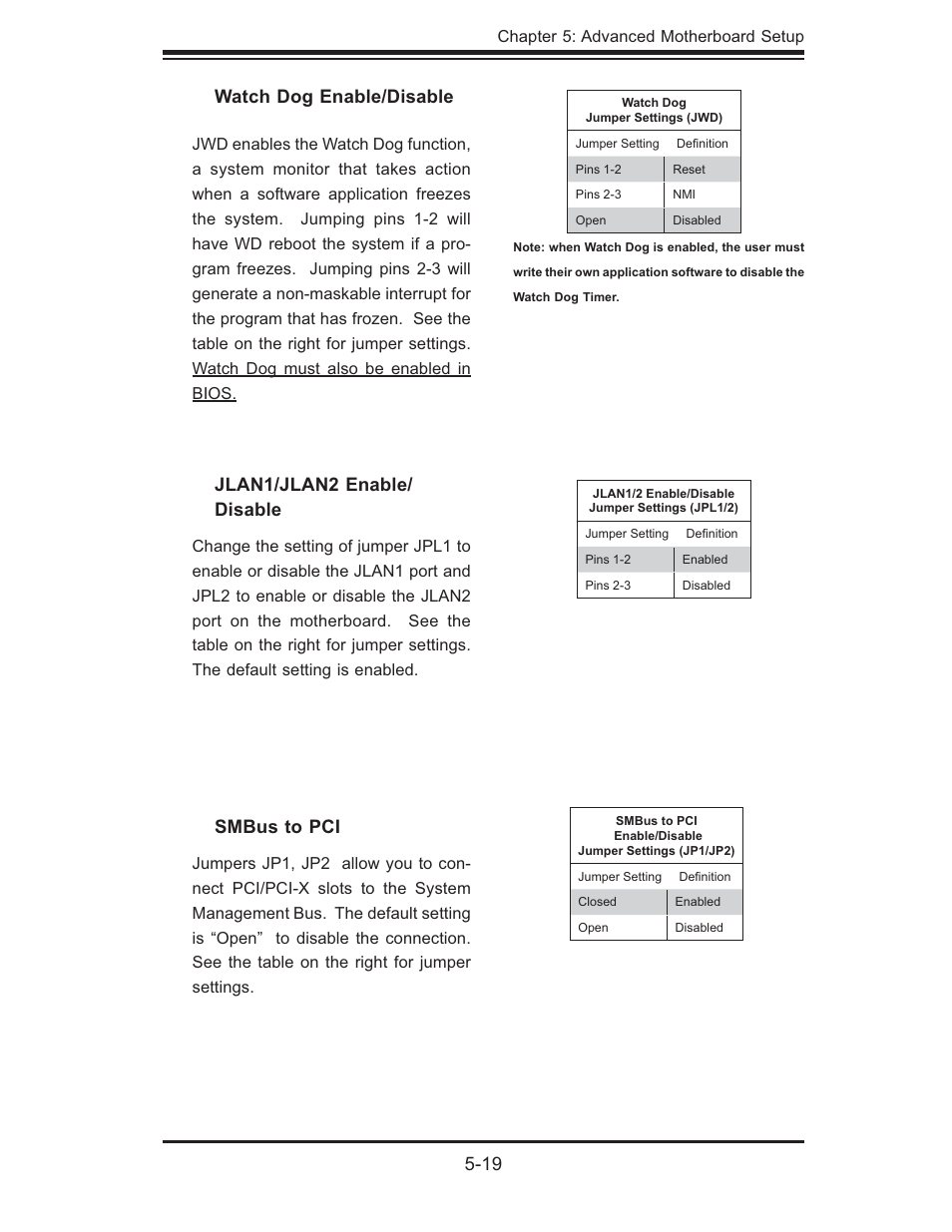 19 jlan1/jlan2 enable/ disable, Watch dog enable/disable, Smbus to pci | SUPER MICRO Computer 5014C-MF User Manual | Page 57 / 112