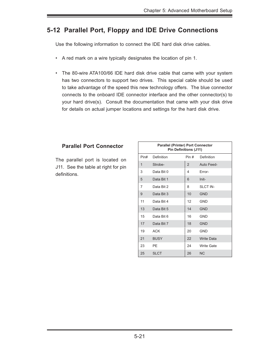 12 parallel port, floppy and ide drive connections, Parallel port connector | SUPER MICRO Computer 5014C-MF User Manual | Page 59 / 112