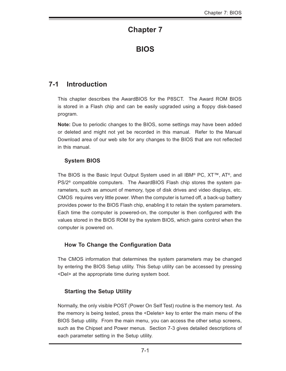 Chapter 7 bios, 1 introduction | SUPER MICRO Computer 5014C-MF User Manual | Page 69 / 112