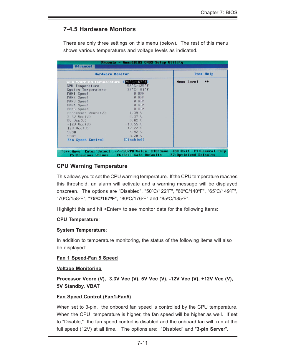 4.5 hardware monitors, Cpu warning temperature | SUPER MICRO Computer 5014C-MF User Manual | Page 79 / 112