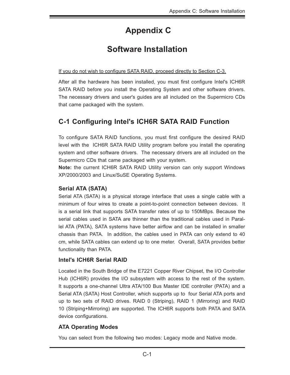 Appendix c software installation, C-1 conﬁ guring intel's ich6r sata raid function | SUPER MICRO Computer 5014C-MF User Manual | Page 95 / 112