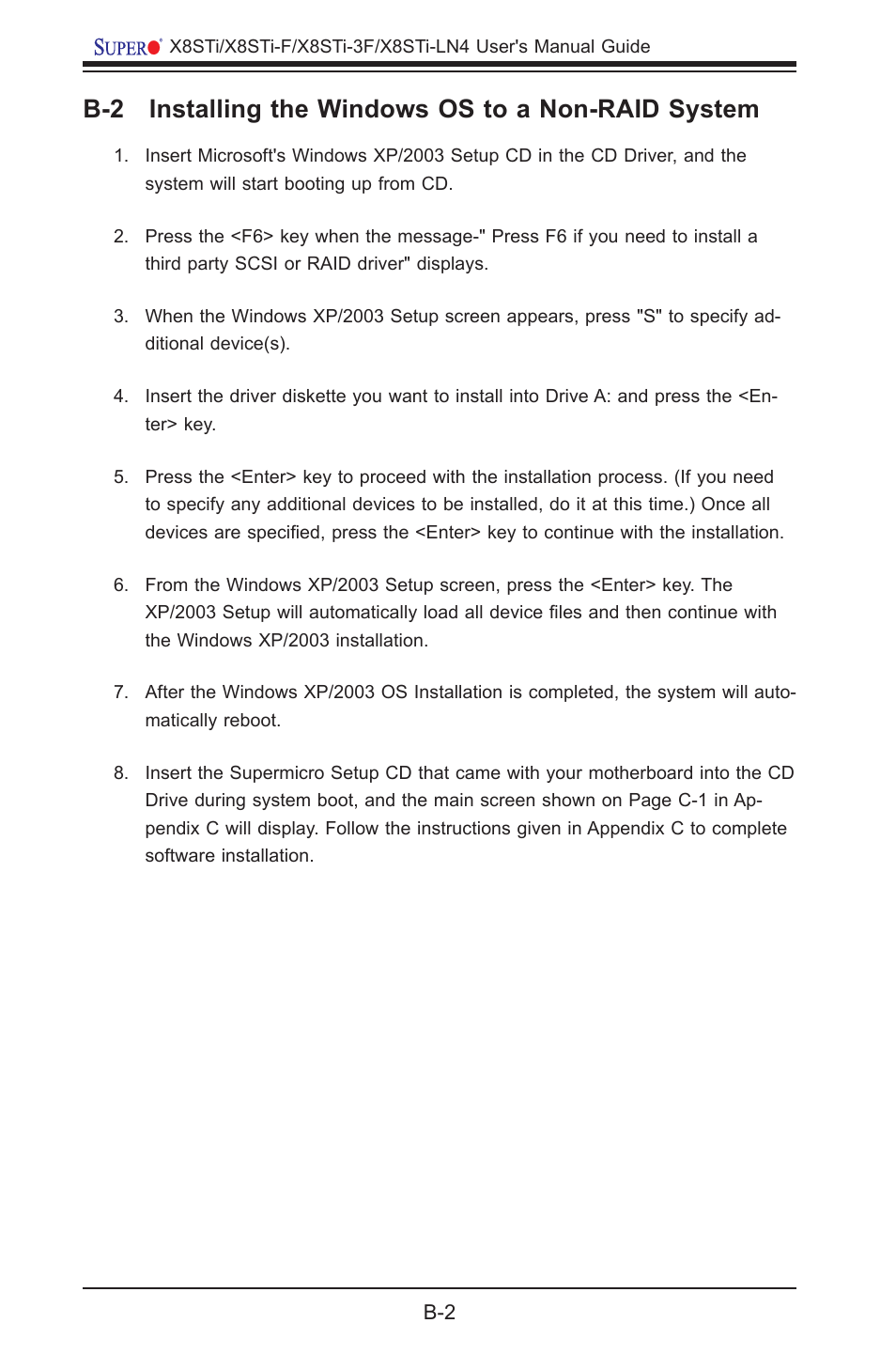 B-2 installing the windows os to a non-raid system | SUPER MICRO Computer X8STI-3F User Manual | Page 102 / 109