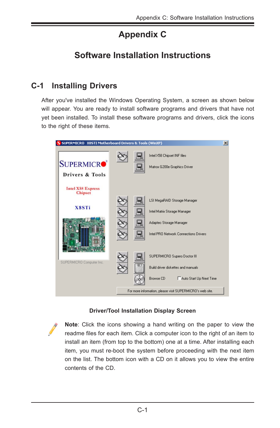 Appendix c software installation instructions | SUPER MICRO Computer X8STI-3F User Manual | Page 103 / 109