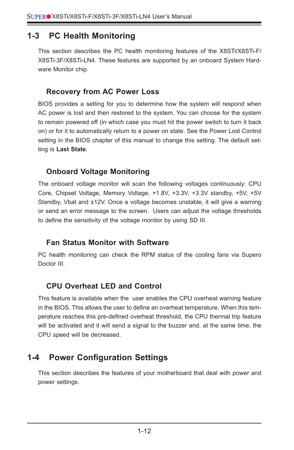 3 pc health monitoring, 4 power configuration settings | SUPER MICRO Computer X8STI-3F User Manual | Page 20 / 109