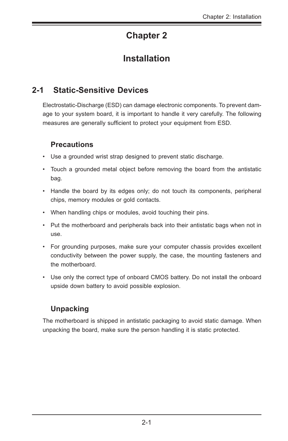 Chapter 2 installation, 1 static-sensitive devices | SUPER MICRO Computer X8STI-3F User Manual | Page 25 / 109