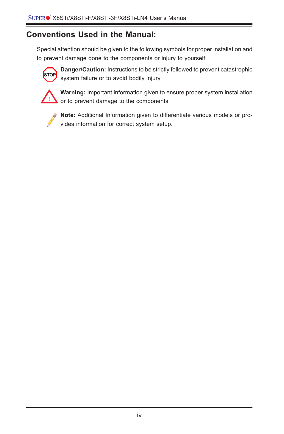 Conventions used in the manual | SUPER MICRO Computer X8STI-3F User Manual | Page 4 / 109