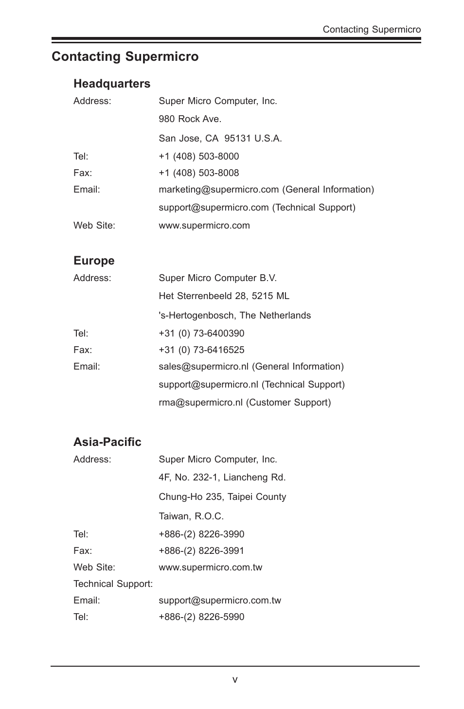 Contacting supermicro, Headquarters, Europe | Asia-pacific | SUPER MICRO Computer X8STI-3F User Manual | Page 5 / 109