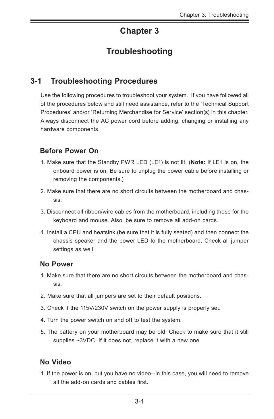 Chapter 3 troubleshooting, 1 troubleshooting procedures | SUPER MICRO Computer X8STI-3F User Manual | Page 65 / 109