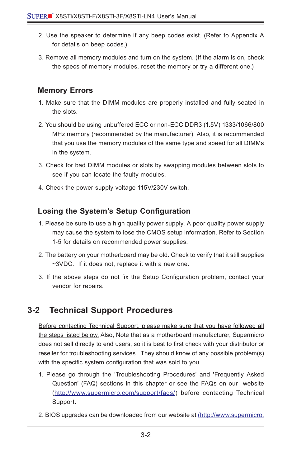 2 technical support procedures, Losing the system’s setup configuration | SUPER MICRO Computer X8STI-3F User Manual | Page 66 / 109