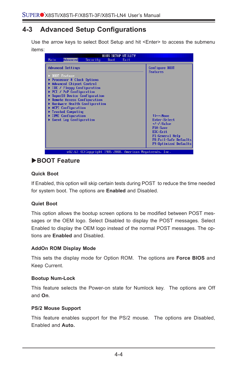 3 advanced setup configurations, Boot feature | SUPER MICRO Computer X8STI-3F User Manual | Page 74 / 109