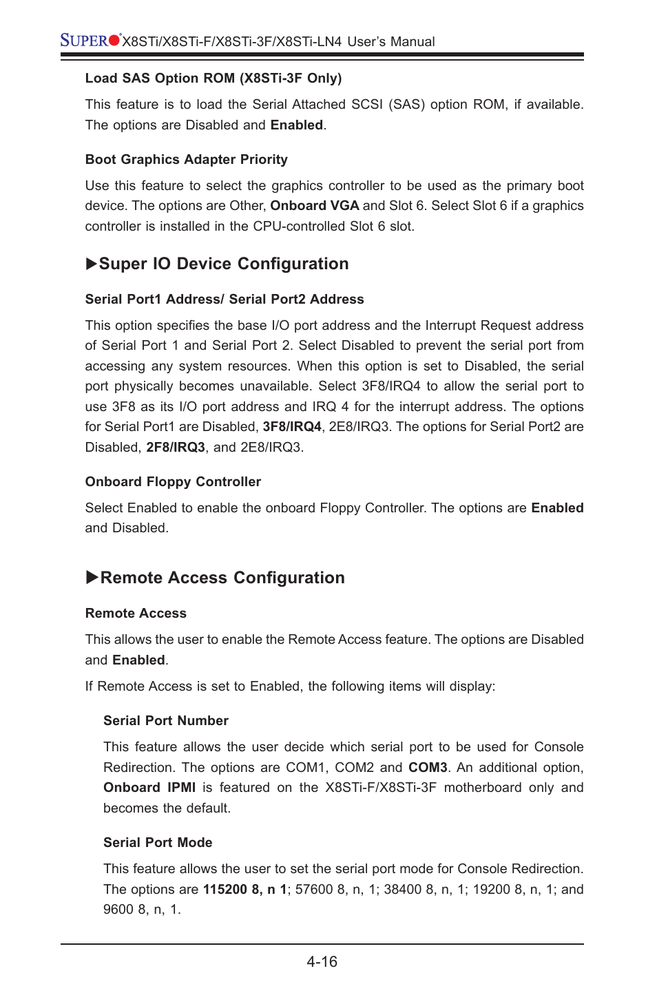Super io device configuration, Remote access configuration | SUPER MICRO Computer X8STI-3F User Manual | Page 86 / 109