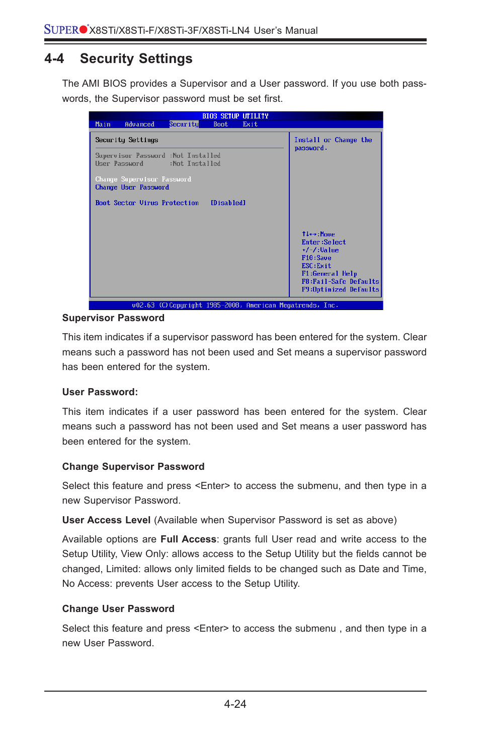 4 security settings | SUPER MICRO Computer X8STI-3F User Manual | Page 94 / 109