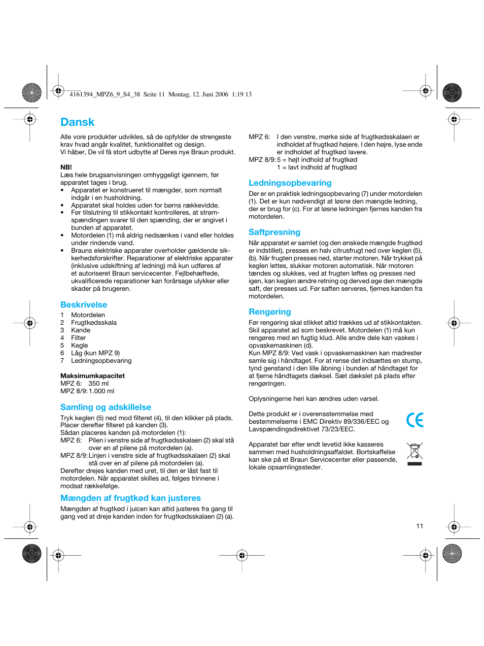 Dansk | Braun MPZ 8 User Manual | Page 11 / 35