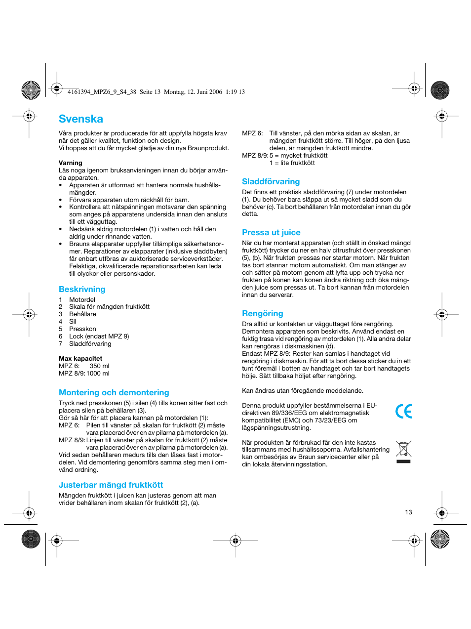 Svenska | Braun MPZ 8 User Manual | Page 13 / 35