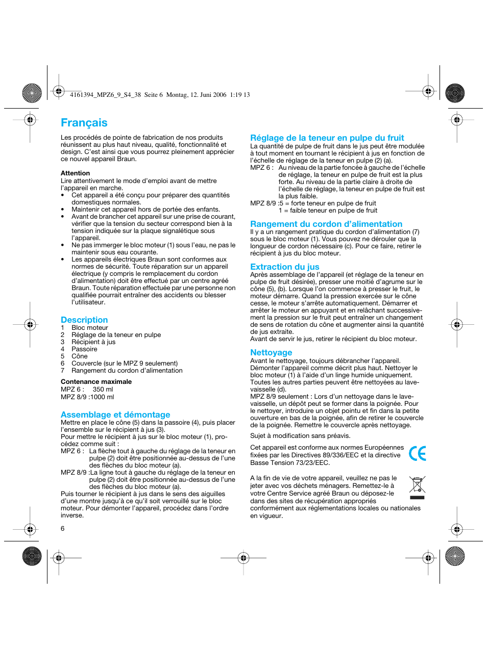 Français | Braun MPZ 8 User Manual | Page 6 / 35