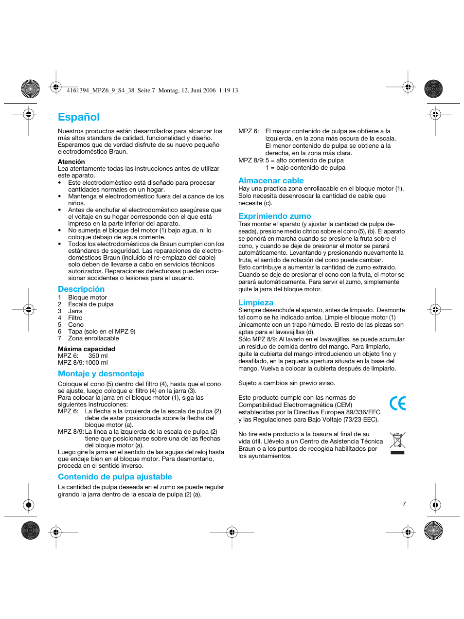 Español | Braun MPZ 8 User Manual | Page 7 / 35