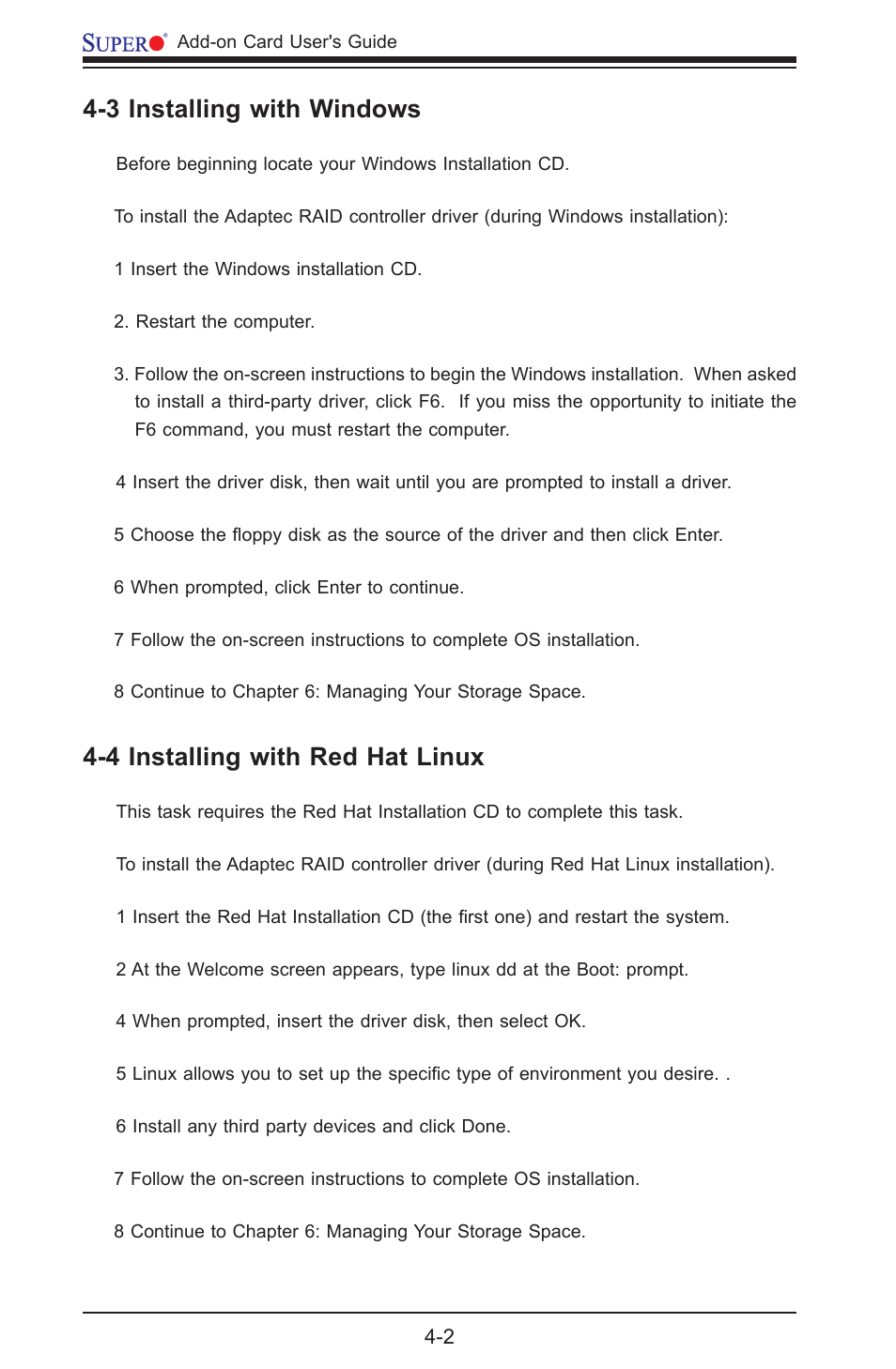 3 installing with windows, 4 installing with red hat linux | SUPER MICRO Computer AOC-USAS-S4I User Manual | Page 18 / 26