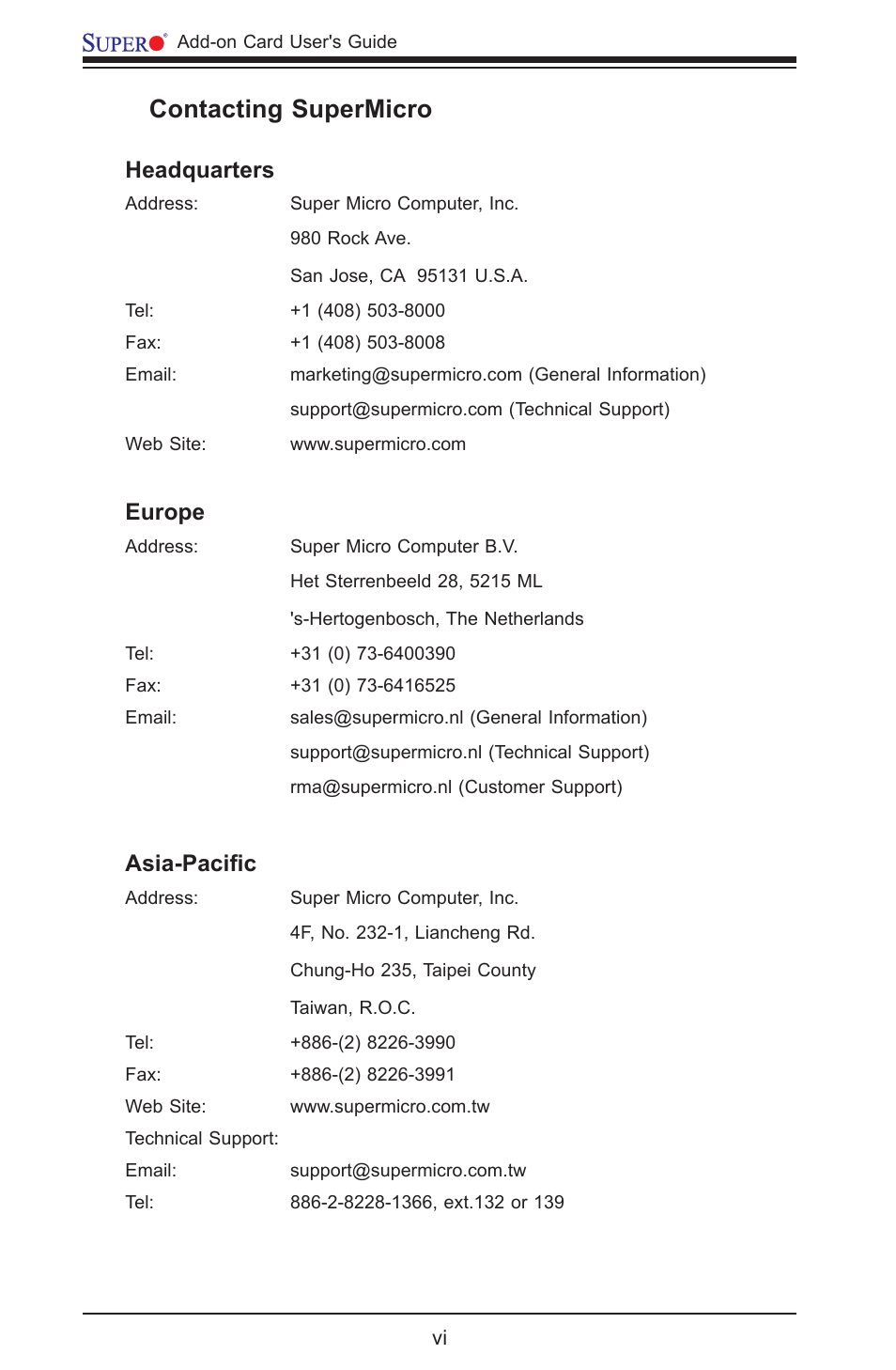 Contacting supermicro, Headquarters, Europe | Asia-pacific | SUPER MICRO Computer AOC-USAS-S4I User Manual | Page 6 / 26
