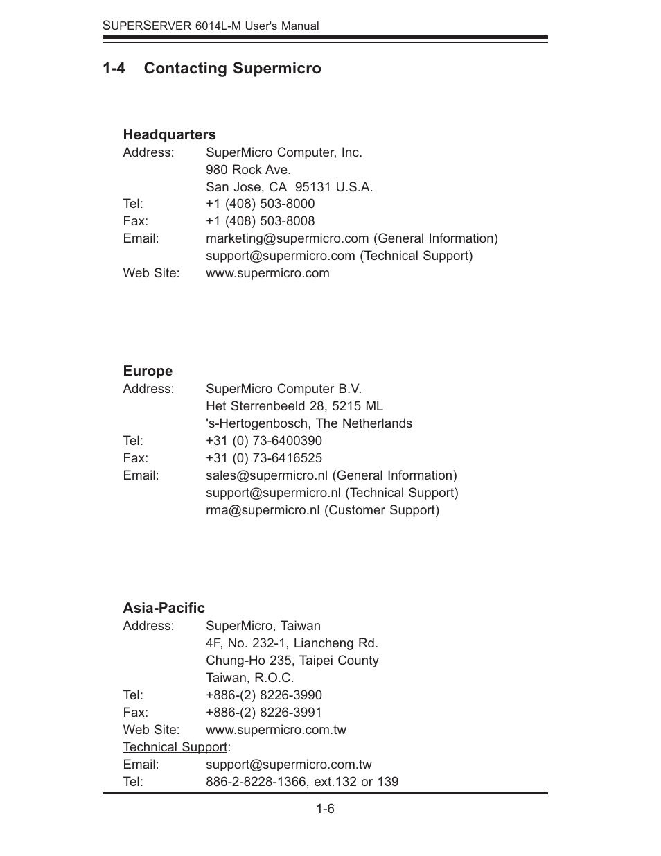 4 contacting supermicro | SUPER MICRO Computer SUPERSERVER 6014L-M User Manual | Page 16 / 120