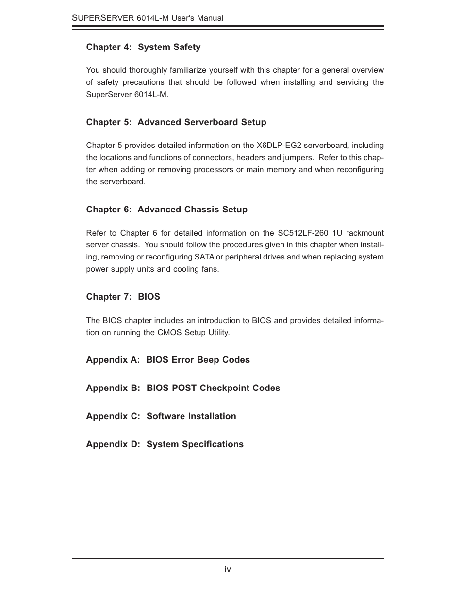 SUPER MICRO Computer SUPERSERVER 6014L-M User Manual | Page 4 / 120