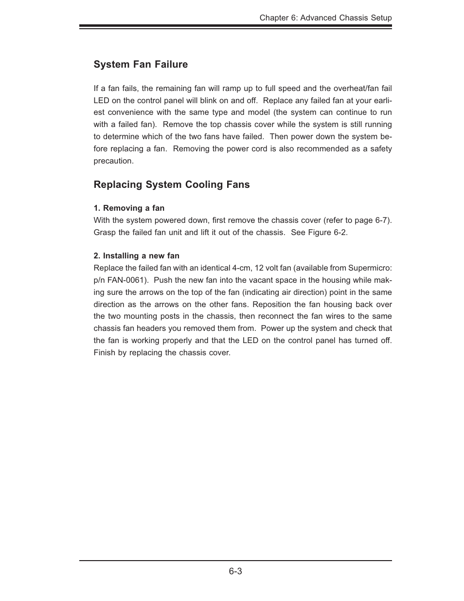 System fan failure, Replacing system cooling fans | SUPER MICRO Computer SUPERSERVER 6014L-M User Manual | Page 63 / 120