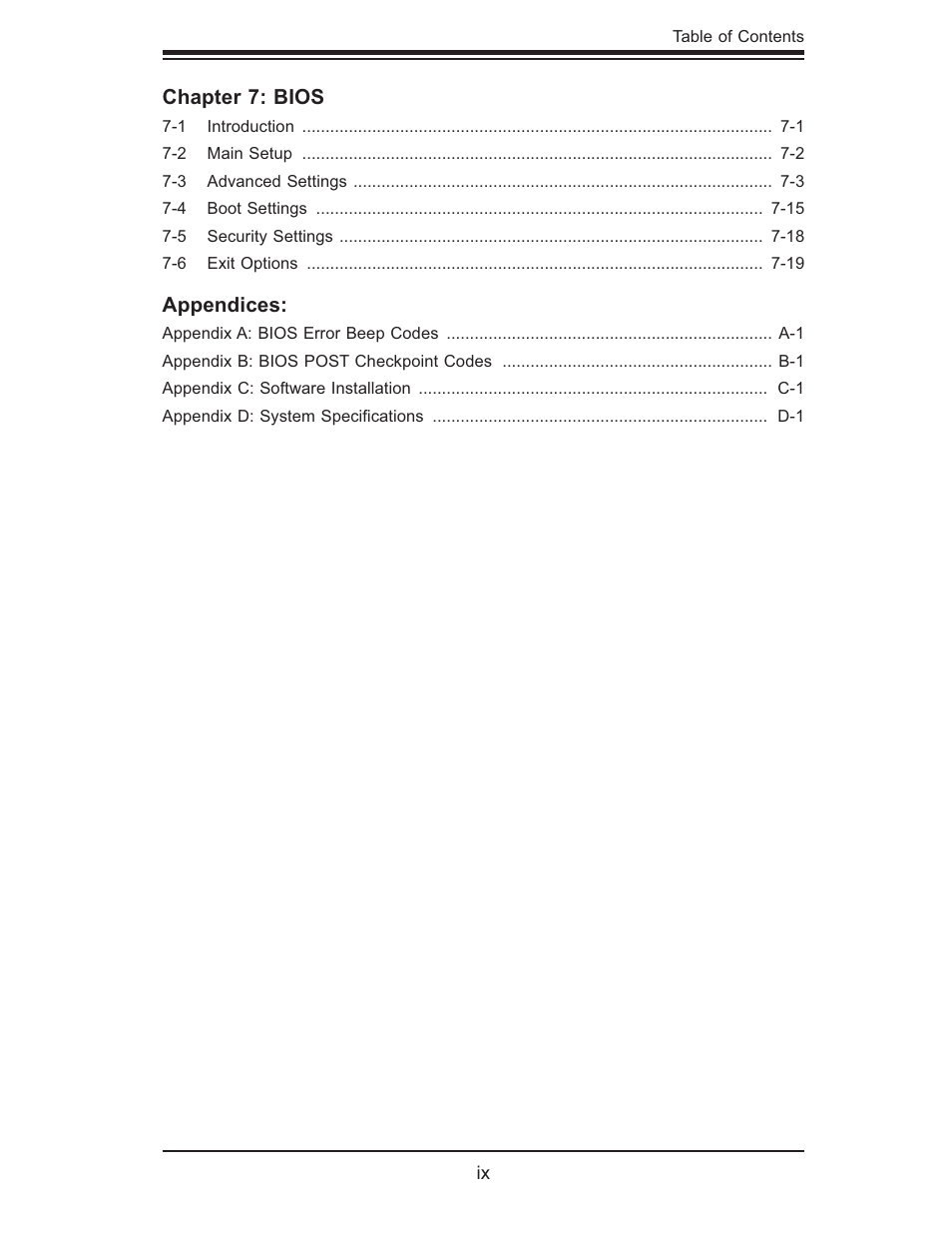 Chapter 7: bios, Appendices | SUPER MICRO Computer SUPERSERVER 6014L-M User Manual | Page 9 / 120