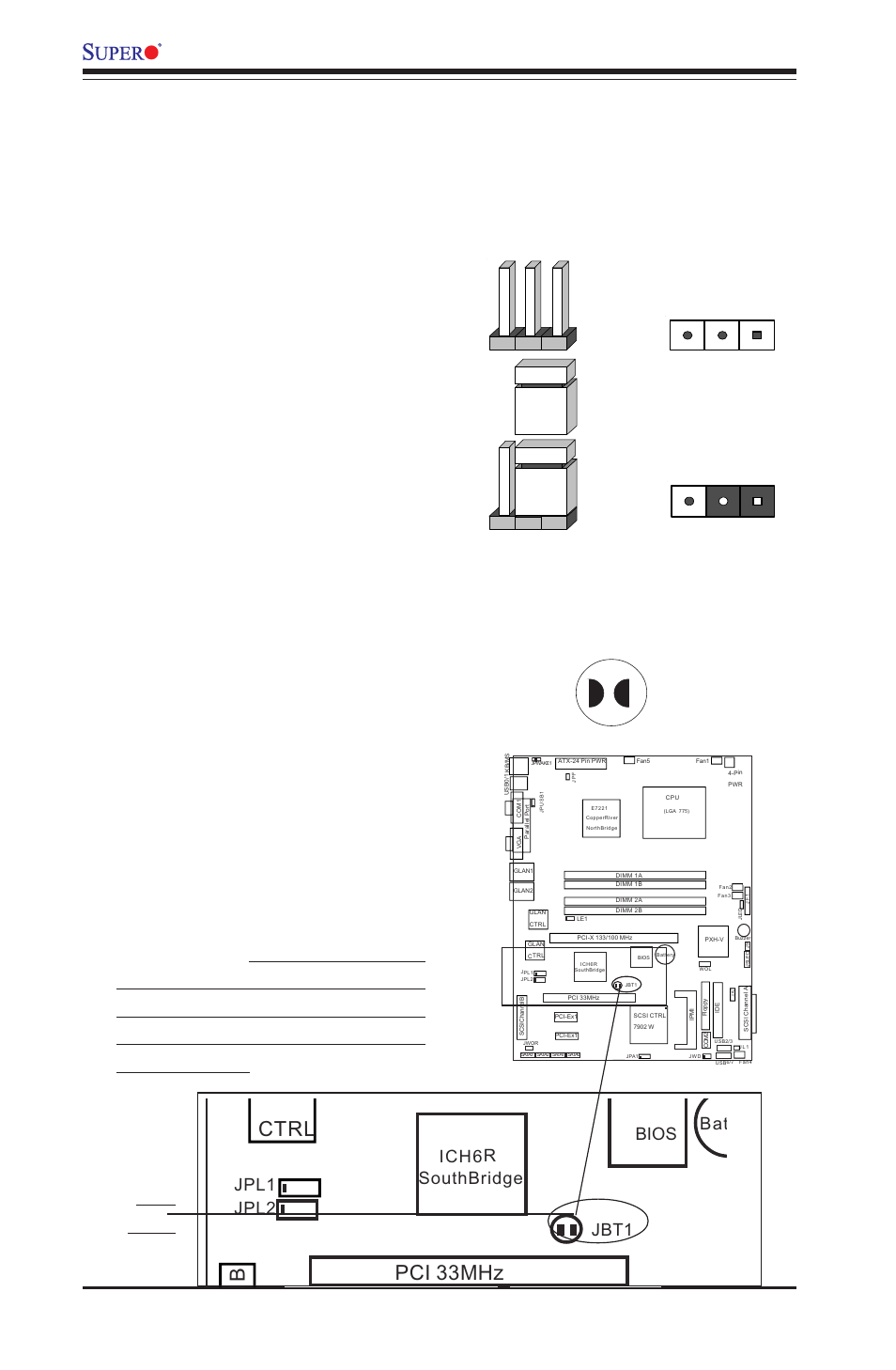 7 jumper settings, Cmos clear, Explanation of jumpers | Ctrl, Pci 33mhz, P8sc8/p8sci user's manual, Pin 1-2 short, Jpl1 jpl2, Bios jbt1 ich6r southbridge, Bat jbt1 | SUPER MICRO Computer MICRO COMPUTER MOTHERBOARD P8SC8 User Manual | Page 38 / 96