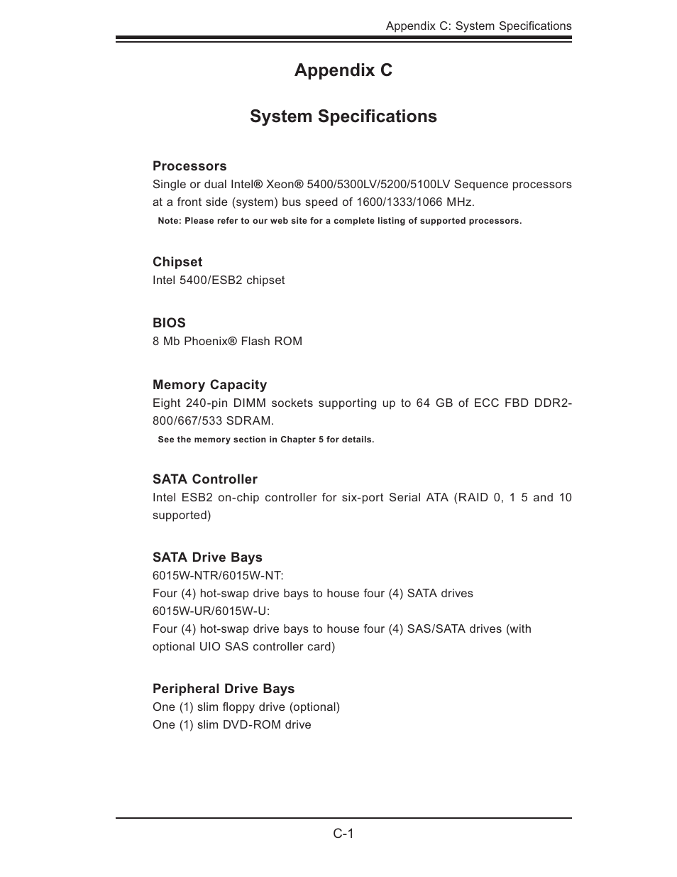 Appendix c system speciﬁ cations | SUPER MICRO Computer 6015W-UR User Manual | Page 107 / 110