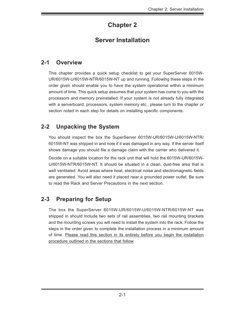 Chapter 2 server installation, 1 overview, 2 unpacking the system | 3 preparing for setup | SUPER MICRO Computer 6015W-UR User Manual | Page 15 / 110