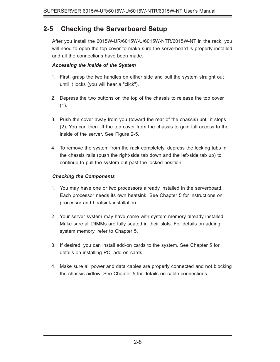 5 checking the serverboard setup | SUPER MICRO Computer 6015W-UR User Manual | Page 22 / 110