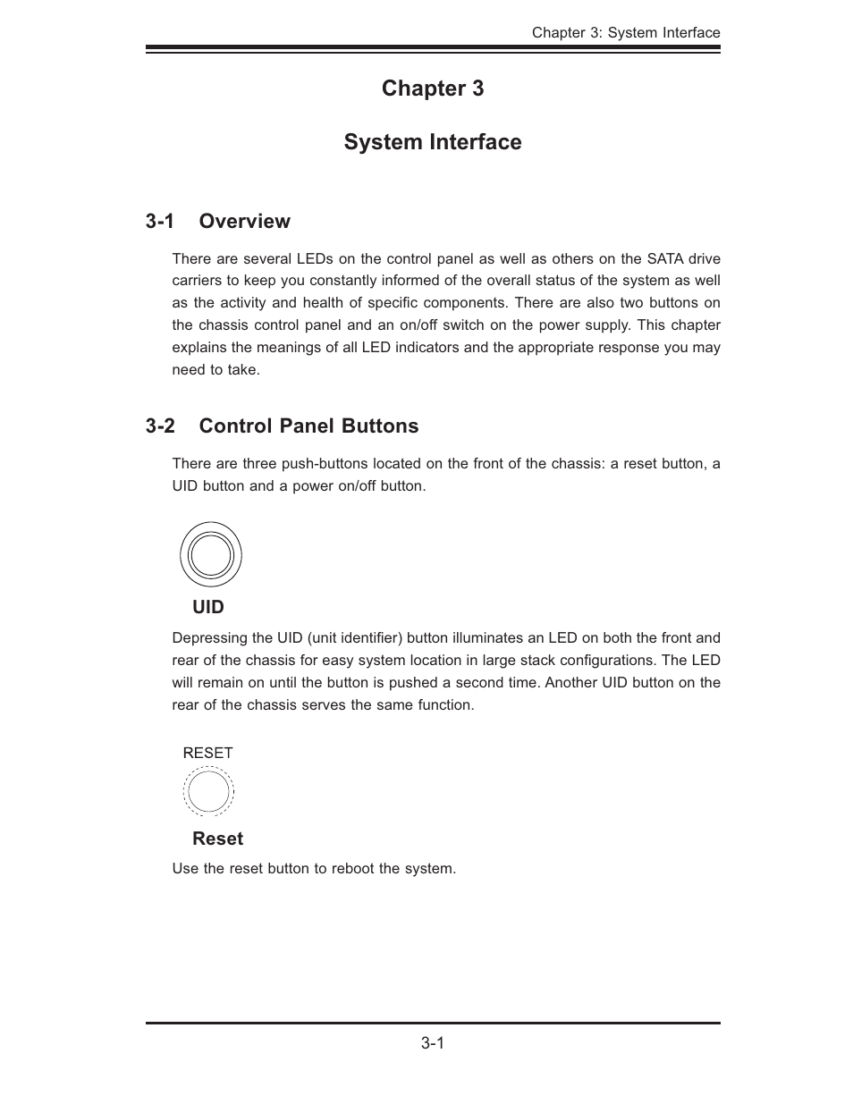 Chapter 3 system interface, 1 overview, 2 control panel buttons | SUPER MICRO Computer 6015W-UR User Manual | Page 25 / 110