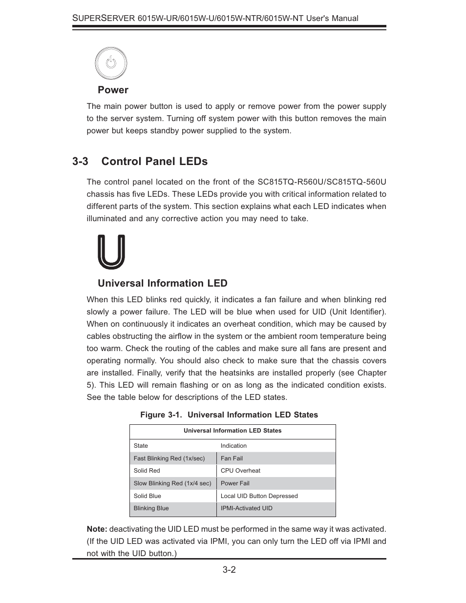 3 control panel leds, Power, Universal information led | SUPER MICRO Computer 6015W-UR User Manual | Page 26 / 110