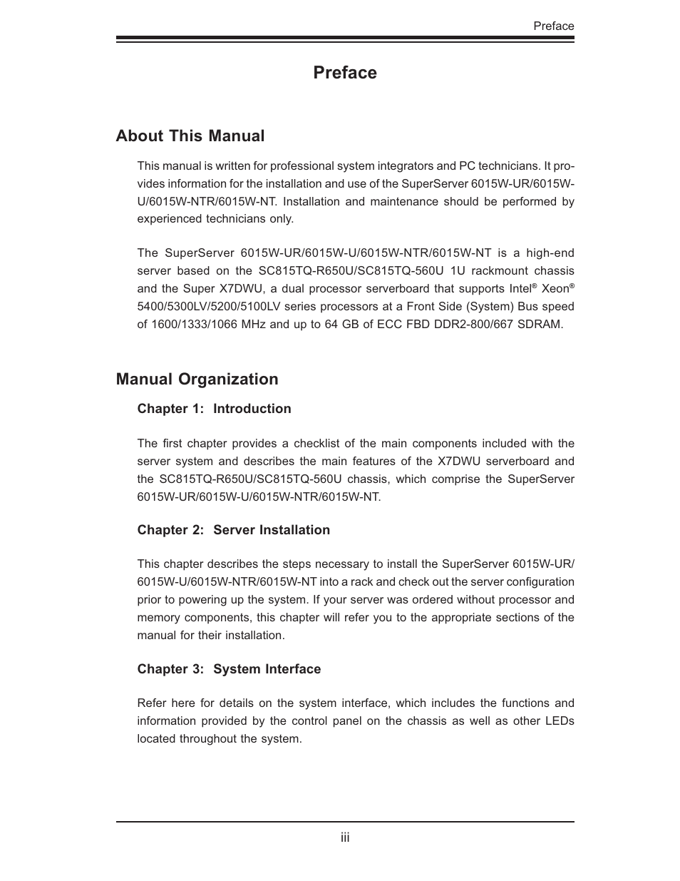 Preface, About this manual, Manual organization | SUPER MICRO Computer 6015W-UR User Manual | Page 3 / 110