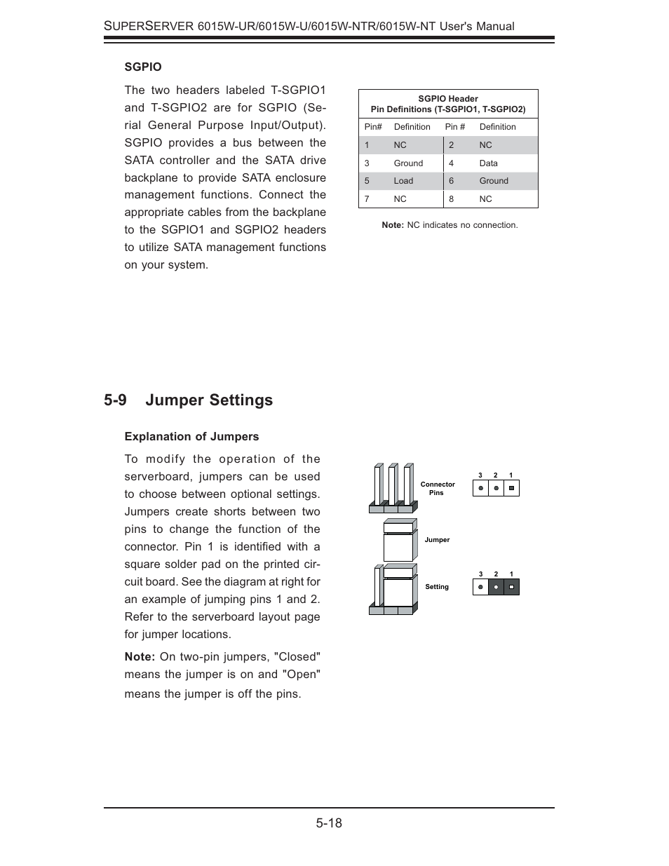 9 jumper settings, 18 s | SUPER MICRO Computer 6015W-UR User Manual | Page 50 / 110