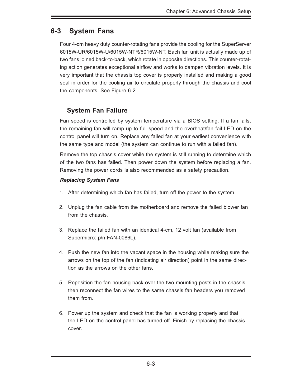 3 system fans, System fan failure | SUPER MICRO Computer 6015W-UR User Manual | Page 59 / 110