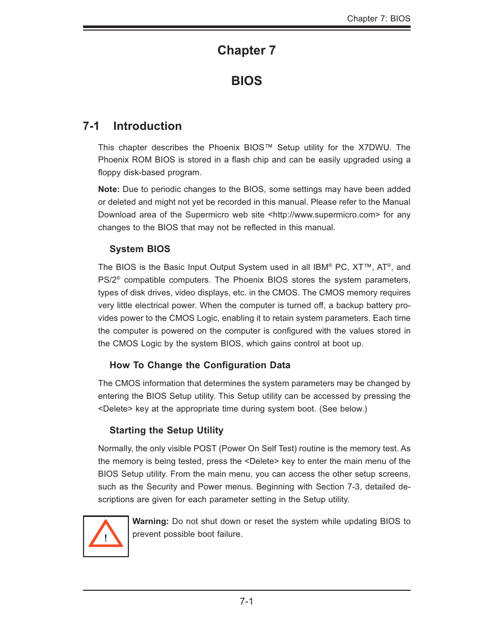 Chapter 7 bios, 1 introduction | SUPER MICRO Computer 6015W-UR User Manual | Page 69 / 110