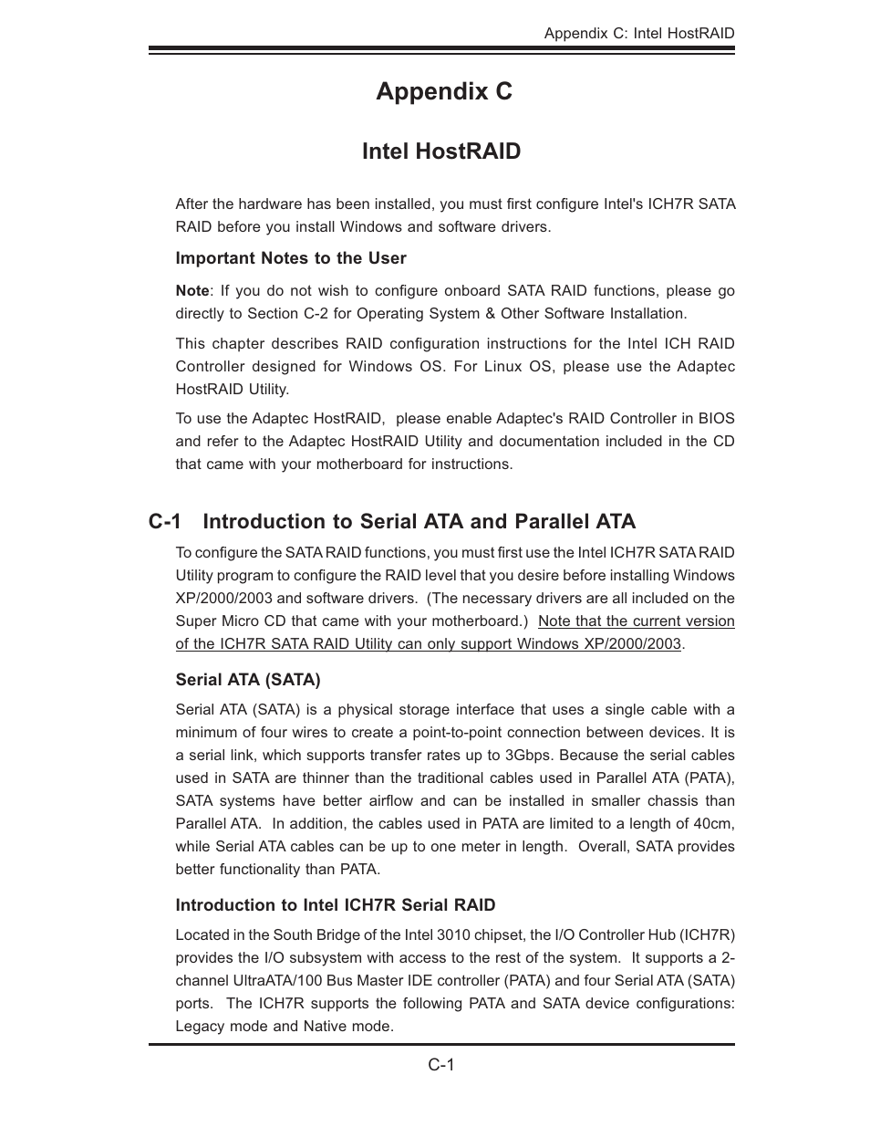 Appendix c, Intel hostraid, C-1 introduction to serial ata and parallel ata | SUPER MICRO Computer 5015M-U User Manual | Page 101 / 134
