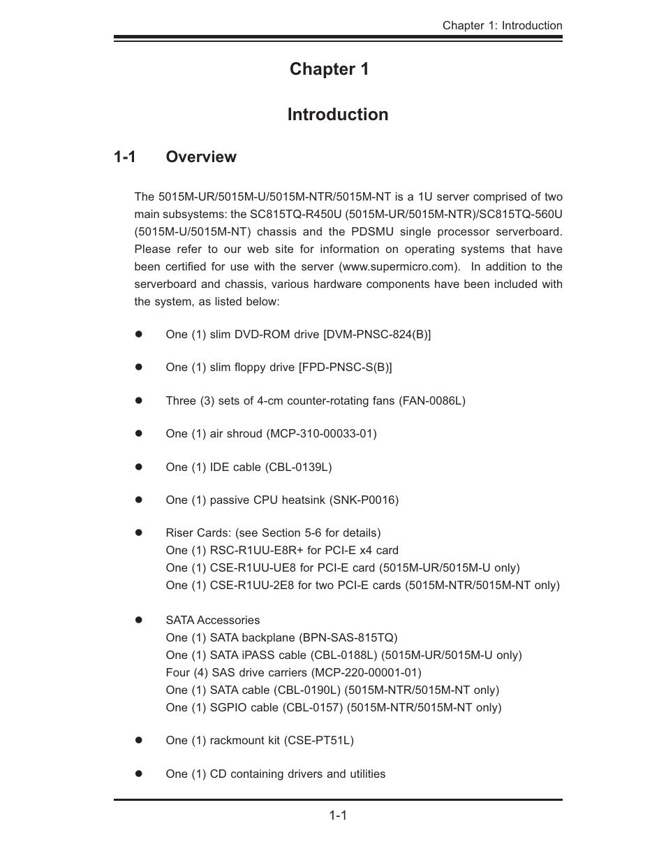 Chapter 1 introduction, 1 overview | SUPER MICRO Computer 5015M-U User Manual | Page 11 / 134