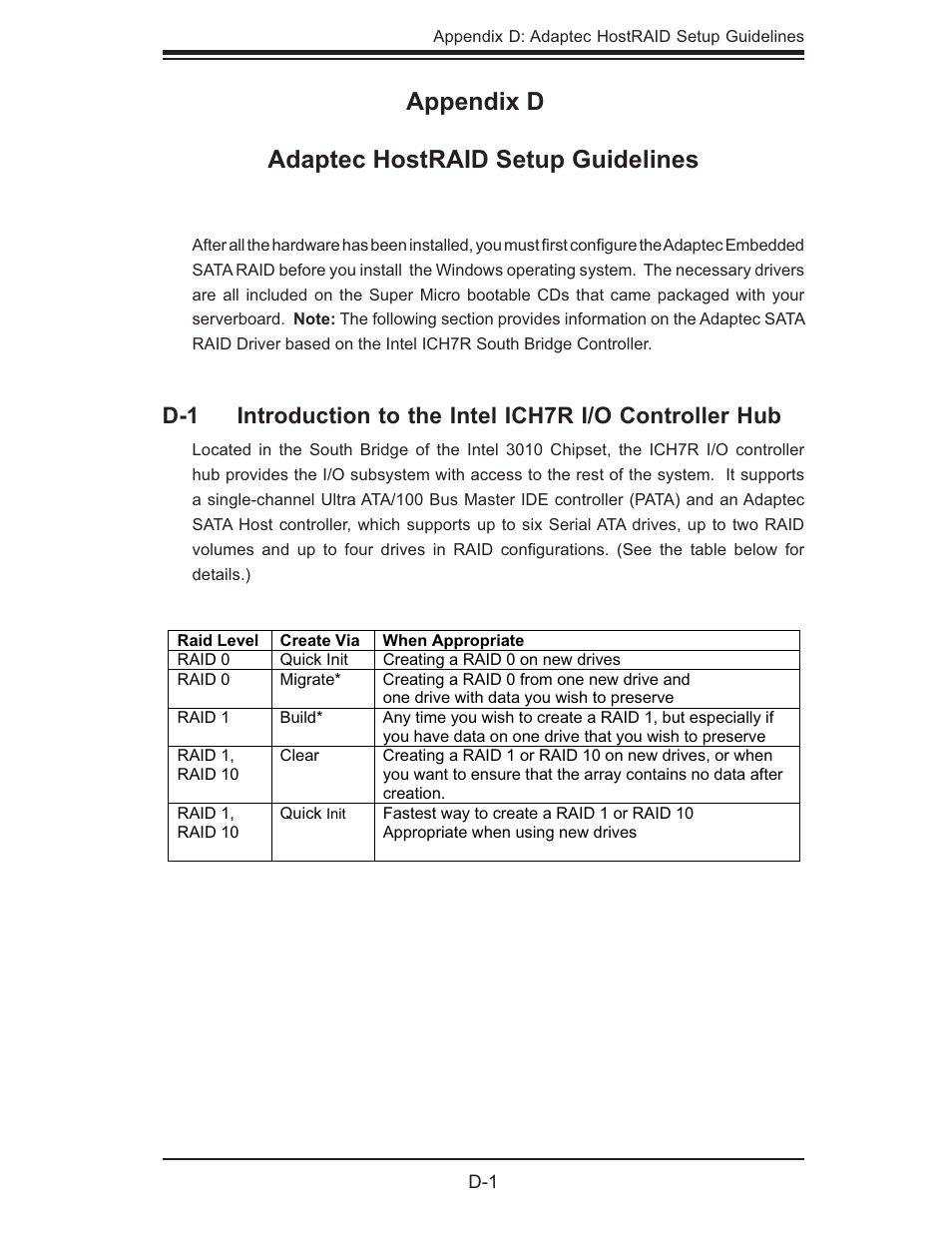 Appendix d adaptec hostraid setup guidelines | SUPER MICRO Computer 5015M-U User Manual | Page 111 / 134