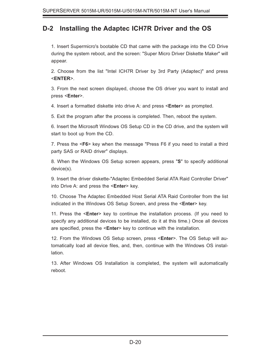 D-2 installing the adaptec ich7r driver and the os | SUPER MICRO Computer 5015M-U User Manual | Page 130 / 134
