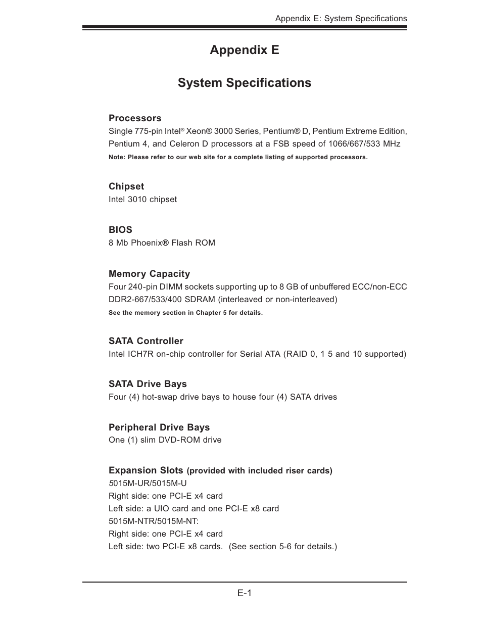 Appendix e system speciﬁ cations | SUPER MICRO Computer 5015M-U User Manual | Page 131 / 134