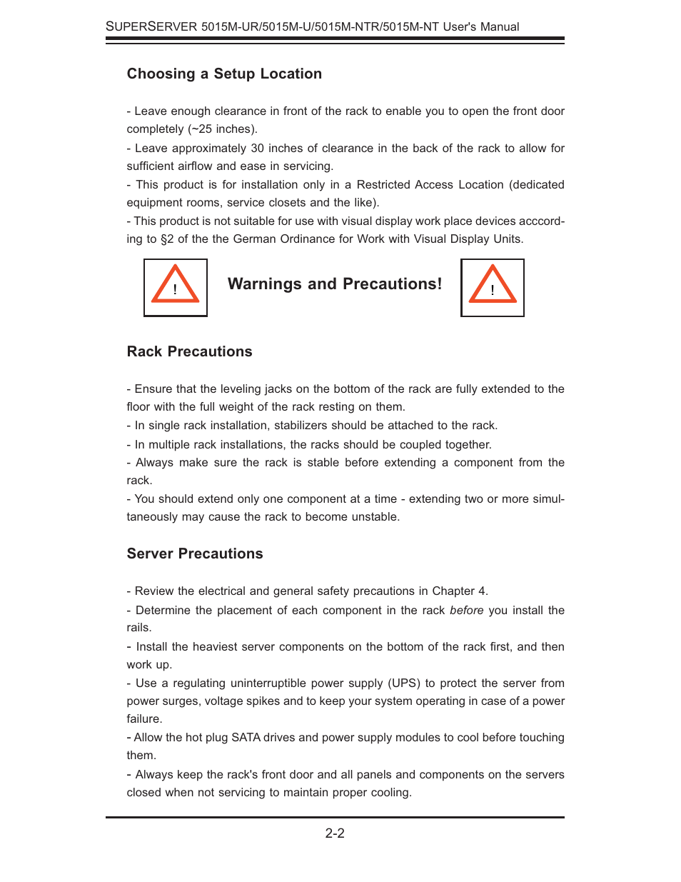 Warnings and precautions | SUPER MICRO Computer 5015M-U User Manual | Page 18 / 134