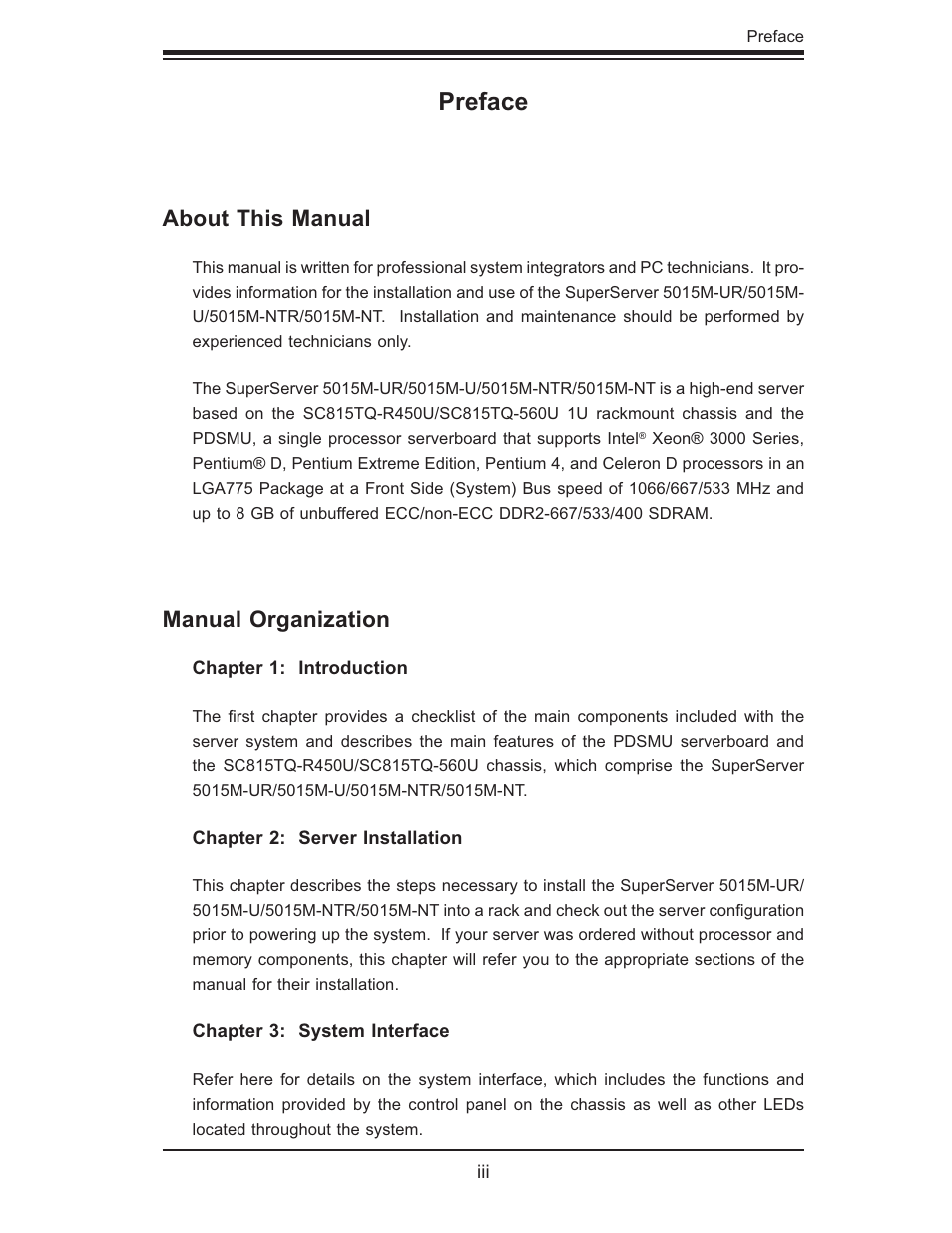 Preface, About this manual, Manual organization | SUPER MICRO Computer 5015M-U User Manual | Page 3 / 134