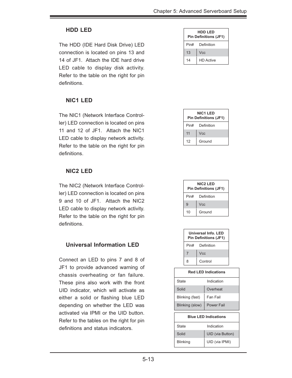 13 nic1 led, Nic2 led, Hdd led | Universal information led | SUPER MICRO Computer 5015M-U User Manual | Page 47 / 134