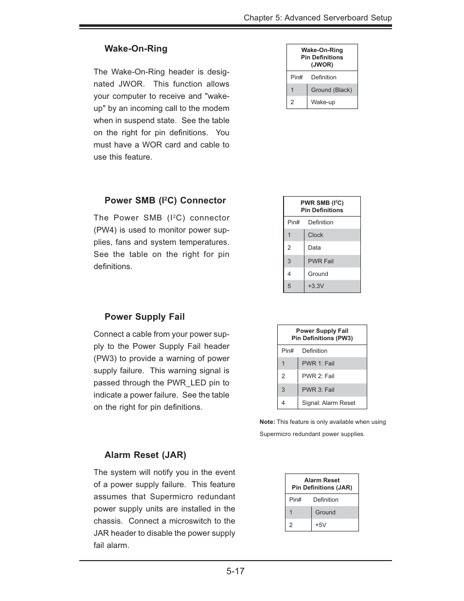 17 wake-on-ring, Power smb (i, C) connector | Power supply fail, Alarm reset (jar) | SUPER MICRO Computer 5015M-U User Manual | Page 51 / 134