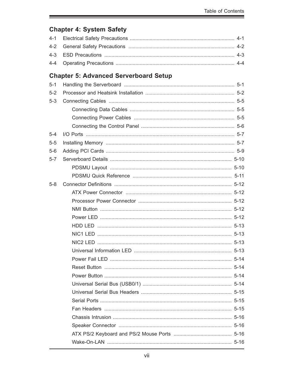 Chapter 4: system safety, Chapter 5: advanced serverboard setup | SUPER MICRO Computer 5015M-U User Manual | Page 7 / 134